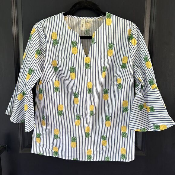Tacera blue and white striped bell sleeve top with yellow and green pineapples - Picture 1 of 7